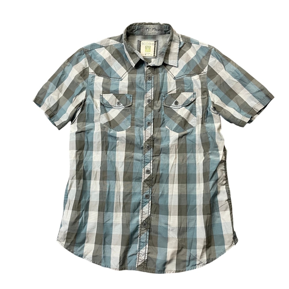 Ecoths Large Blue Grey Plaid Short Sleeve Button Up Cotton Blend